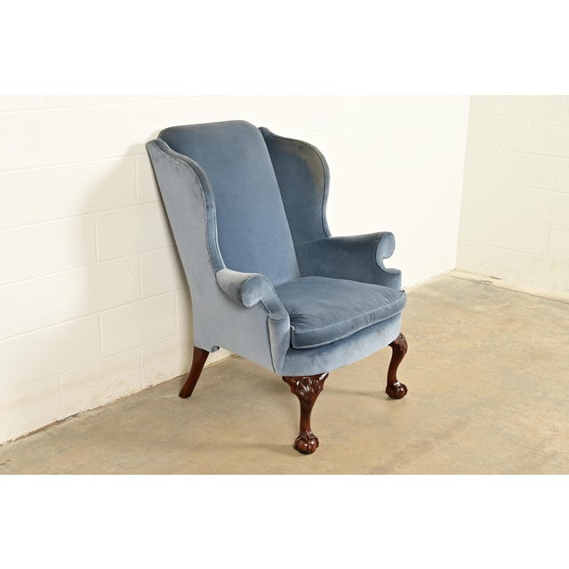 Kindel Furniture Chippendale Carved Mahogany Blue Velvet Upholstered Wingback Lounge Chair For Sale - Image 15 of 15