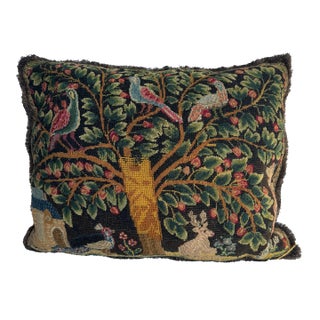 17th Century English Silk and Wool Tapestry Decorative Pillow With Tree and Bird Motif For Sale