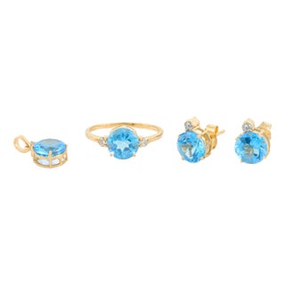 Brilliant Cut Blue Topaz Diamond Pendant Ring Earrings Set in 18k Yellow Gold- 4 Pieces For Sale