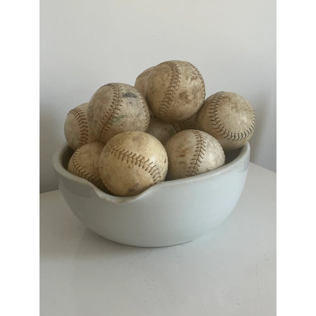 1930s Large Vintage Stoneware Spouted Bowl With 15 Vintage Softballs For Sale - Image 10 of 10