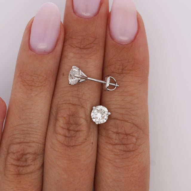 Metal Natural 2 Carat Round Diamond 14k White Gold Screw Back Martini Stud Earring For Sale - Image 7 of 10