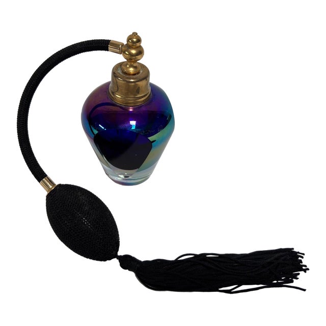 Iridescent Cobalt and Amethyst Art Glass Perfume Atomizer Faceted Crystal 1980 For Sale