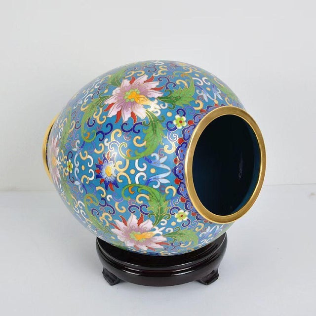Dimensions: Height 25 cm (9.8") x Diameter 23 cm (9.1") Material: Cloisonné Enamel on Metal (Copper/Brass), Wood Stand...
