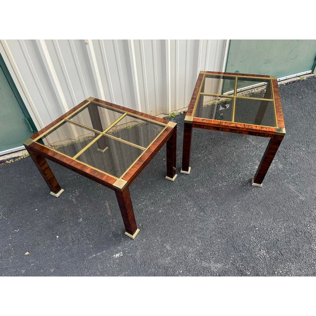 Mastercraft 1970s Faux Tortoiseshell Smoked Glass and Brass Side Tables- A Pair For Sale - Image 4 of 12