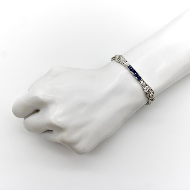 1990s 18k White Gold Diamond and Sapphire Art Deco Style Bracelet For Sale - Image 9 of 10