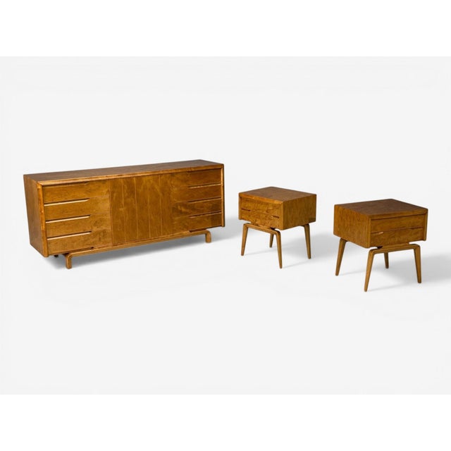 Mid-Century Modern Edmond J Spence, Dresser and Nightstands, Burled Maple, Bentwood, Sweden, 1960s For Sale - Image 3 of 12