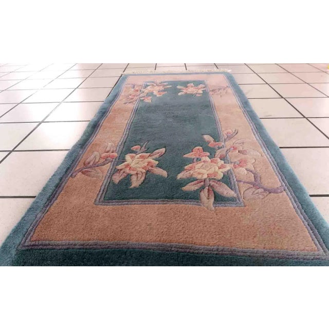 Handmade vintage Art Deco Chinese rug i, sea green color. The rug is from the end of 20th century in original good...