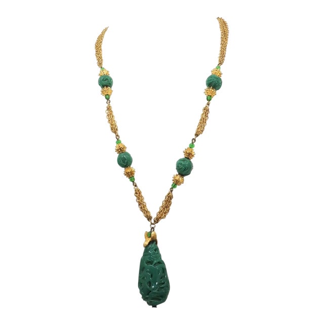 1960s Vintage Crown Trifari Faux-Jade Pendant Necklace For Sale