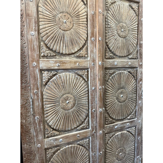 Antique Sunburst Carved Cabinet – Vintage White Distressed Armoire Wardrobe For Sale - Image 9 of 11