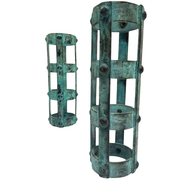 Brutalist 1970s Set of 3 Brutalist Style Candlestick Holders Cage Design For Sale - Image 3 of 7