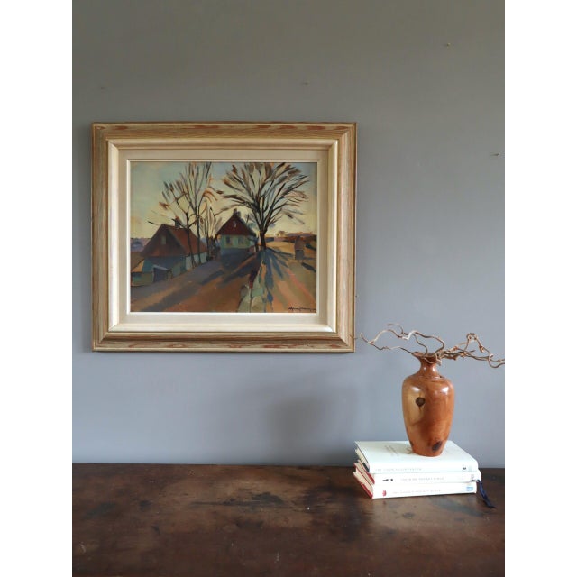 Mid-Century Modern Mid-Century Modern 'The Quiet Road Home' Original Swedish Landscape Street Scene Oil Painting, Framed For Sale - Image 3 of 11