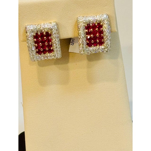 Estate 3 Ct Ruby & 3 Ct Diamonds Square Post Earrings 18 Karat Yellow Gold 13.5G For Sale In New York - Image 6 of 18