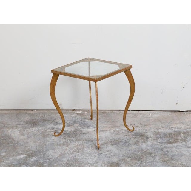 Metal French Mid-Century Gilt Metal Side Table With Square Glass Top and Cabriole Legs For Sale - Image 7 of 10