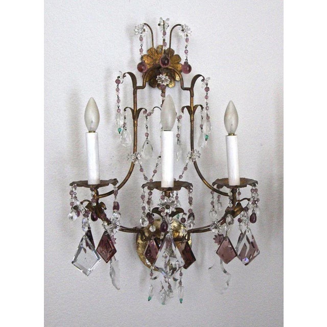 1940s Italian Gilt Metal Crystal Beaded Amethyst Wall Sconces - a Pair For Sale - Image 11 of 13