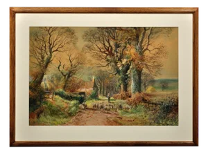 Henry Charles Fox, Driving Sheep, Plaisters Lane, Sutton Poyntz, Dorset, 1918, Watercolour, Framed