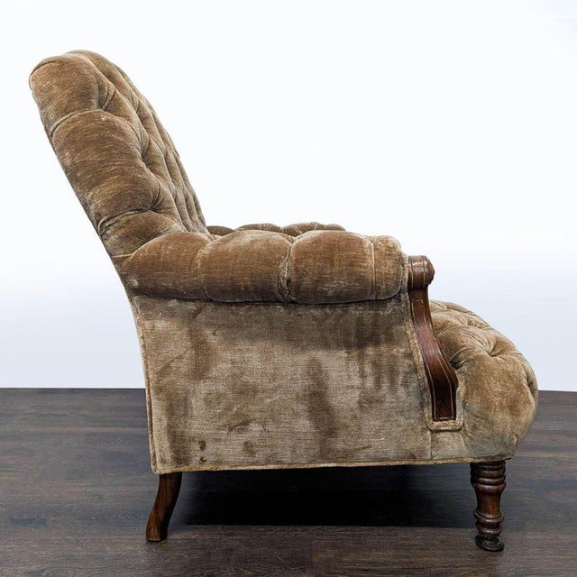 Brown Vintage Victorian Tufted Velvet Lounge Chair With Carved Wooden Accents For Sale - Image 8 of 10