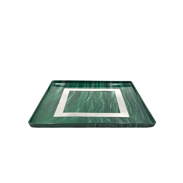 Mid-Century Modern Hollywood Regency Malachite Effect Resin and Brass Tray, Italy, 1970s For Sale - Image 3 of 14