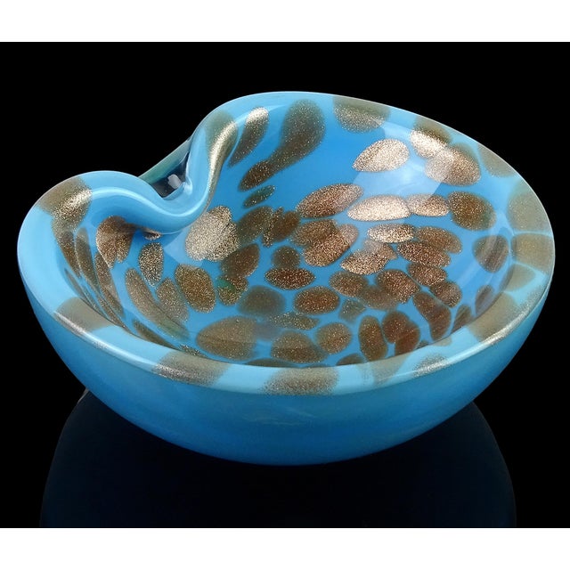 Murano Vintage Murano Sky Blue Copper Aventurine Flecks Spots Italian Art Glass Decorative Bowl Ashtray Dish For Sale - Image 4 of 7
