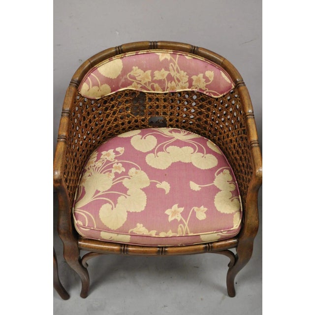 Vintage Hollywood Regency Faux Bamboo Cane Barrel Back Lounge Chairs (A) - Pair For Sale In Philadelphia - Image 6 of 12