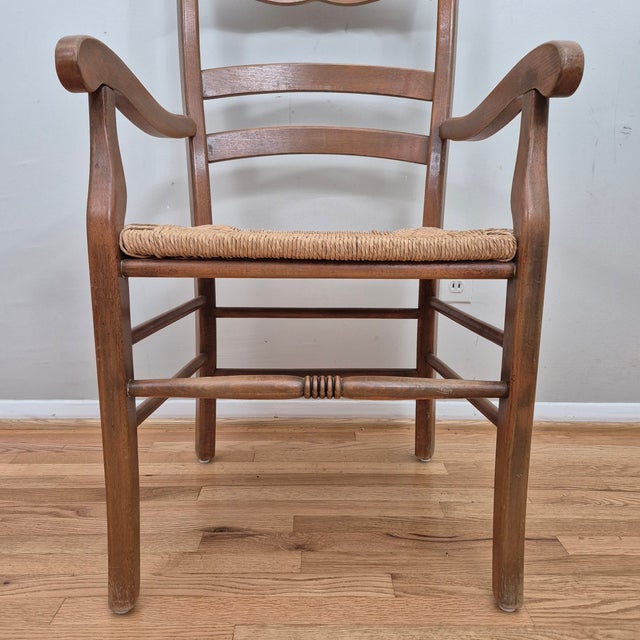 Mid 20th Century Mid 20th Century French Country Farmhouse Ladder Back Rush Seat Arm Chair For Sale - Image 5 of 11