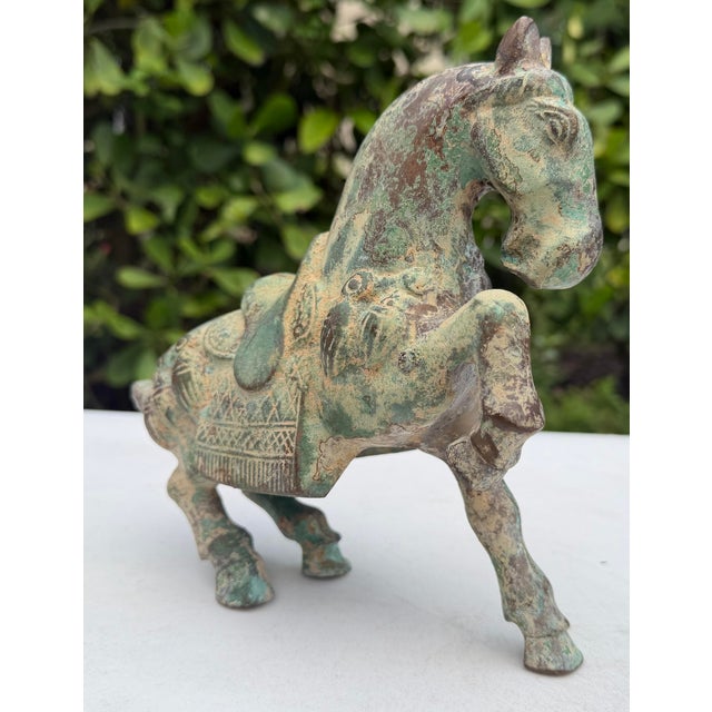 Vintage Bronze Asian Horse Sculpture With Natural Verdigris Patina For Sale - Image 4 of 12
