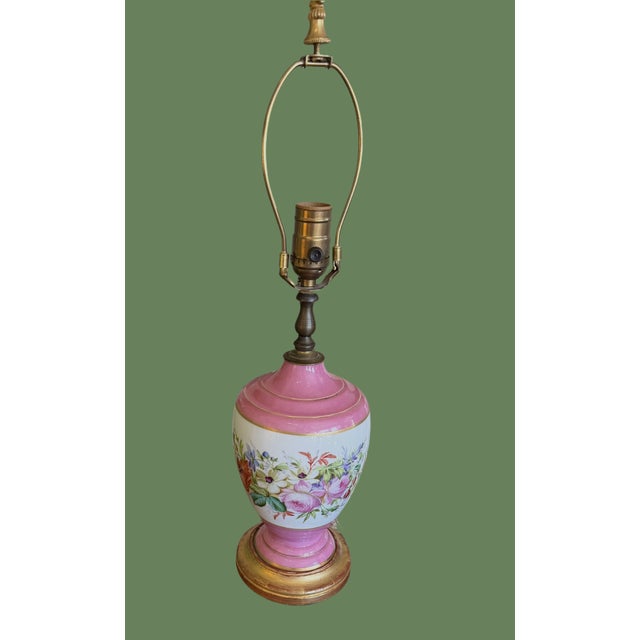 Late 1800's French Pink Opaline Hand Painted Floral Table Lamp Divine Antique French Pink Opaline Vase with bright white...
