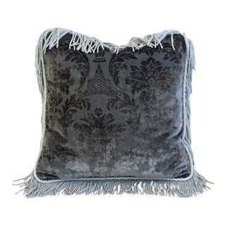 French Gray Charcoal Velvet Floral Feather/Down Fringed Pillow 23" Square For Sale