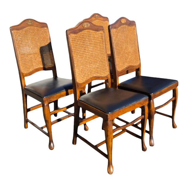Set of 4 Norquist English Georgian Revival Folding Cane Back Dining Chairs, Mid-20th Century For Sale