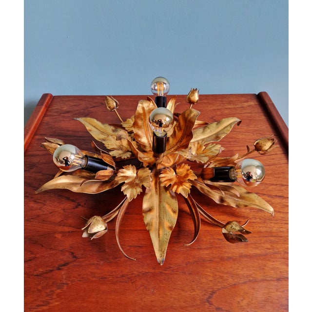 Floral Ceiling Light in Gilded Metal, Italy, 1970s For Sale - Image 13 of 15