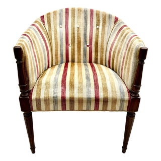 Vintage Velvet Striped Barrel-Back Accent Chair For Sale
