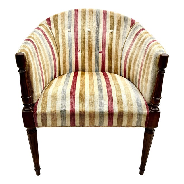 Vintage Velvet Striped Barrel-Back Accent Chair For Sale