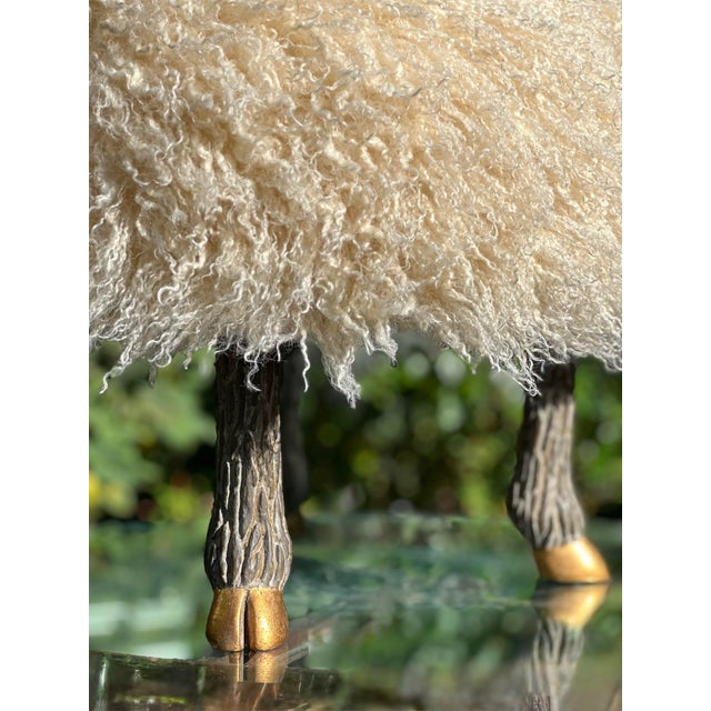 Metal Ottoman/ Footstool: 1 Stool W/Carved Faux “Sheep” Legs and Faux “Lamb” Upholstery / Hand Gilded Legs. Made in Los Angeles by Everage Design Workshop. For Sale - Image 7 of 9