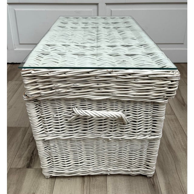Vintage White Wicker Blanket Chest Coffee Table With Glass Top For Sale - Image 9 of 12