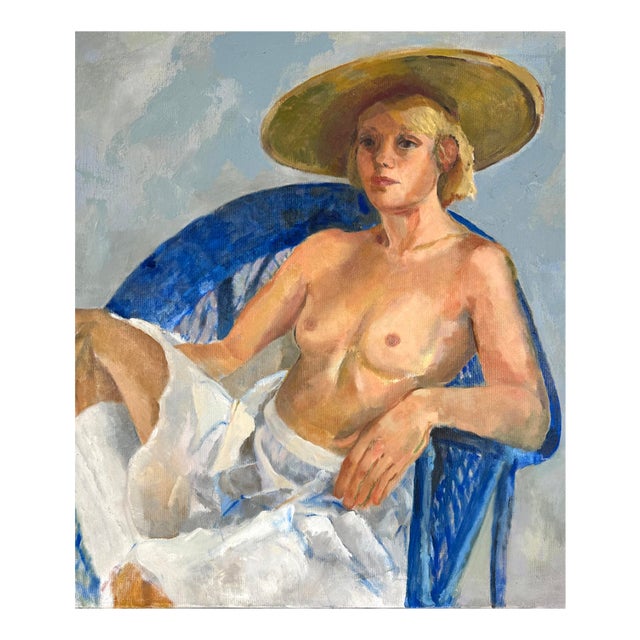 The Blue Chair Figurative Painting, Oil on Canvas, Post-War, Unsigned by Patricia Gillfillan For Sale