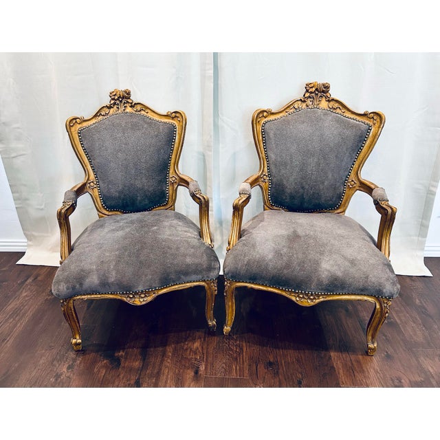 One of a kind pair, late 19th / early 20th century Louis XV style arm chairs. Hand crafted in Italy, beautiful gilded wood...