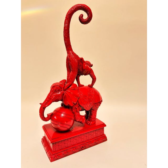 Red Hollywood Regency Chinoiserie Red Elephant & Monkey Sculpture Glossy Resin 1970s For Sale - Image 8 of 15