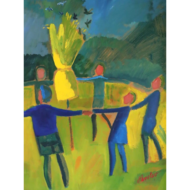 Yellow Mid-Century Modern 'Circle of Light' Vintage Original Figurative Landscape Oil Painting, Framed For Sale - Image 8 of 13