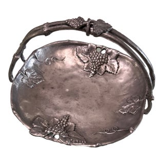 19th C. Nouveau Jugendstil Ornate Pewter Handled Basket Visiting Card Tray For Sale