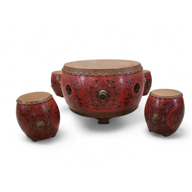 Coffee Vintage Asian Style Red Coromandel Drum Coffee/Side Table - Set of 5 For Sale - Image 8 of 10
