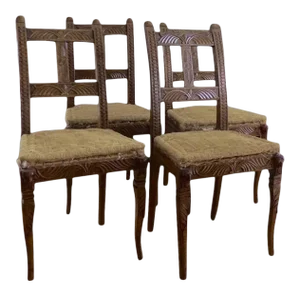 Tyrolean Walnut Carved Country Chairs Lodge Cabin Mountain Home Lion Heads - Set of 4