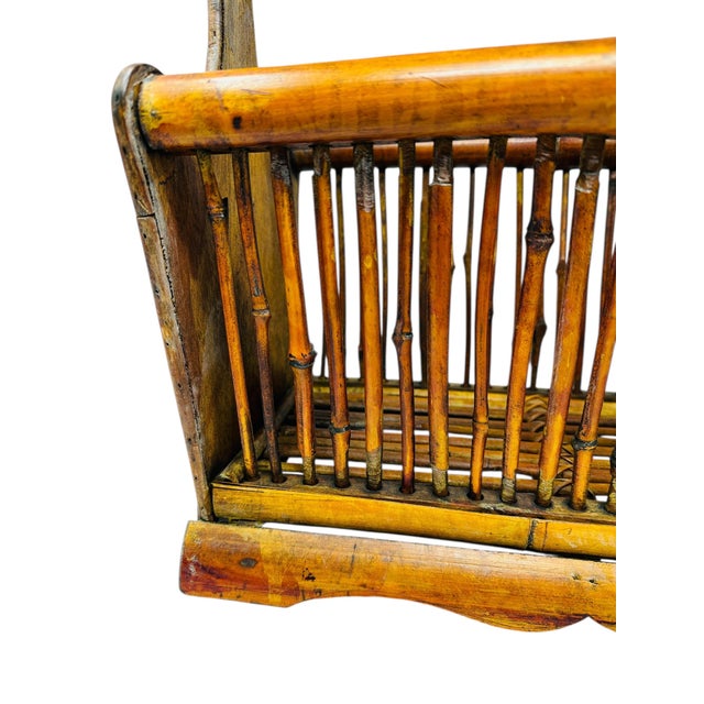 Vintage 80s Bamboo & Rattan Magazine Rack | Mid-Century Boho Decor | Record Holder | Natural Wood Storage Basket For Sale - Image 10 of 13