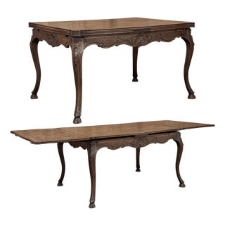 Antique Liegeois Regence Style Carved Oak Parquet Draw Leaf Dining Table For Sale