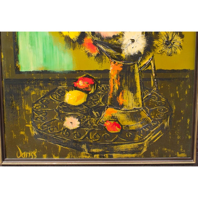 Yellow Midcentury Floral Still Life Mixed Media on Board Vase of Zinnias Framed Signed Janss For Sale - Image 8 of 11