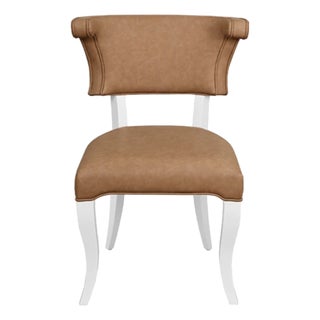 Matthew Izzo Home Eloise Camel Faux Leather and Matte White Lacquer Rounded Back Dining Chair For Sale
