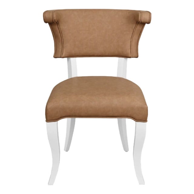 Matthew Izzo Home Eloise Camel Faux Leather and Matte White Lacquer Rounded Back Dining Chair For Sale