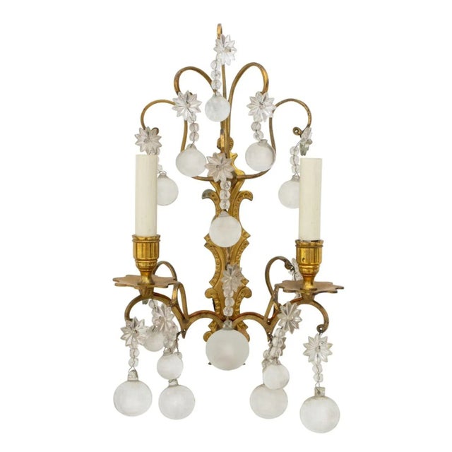 Pair of Italian Brass and Crystal Two-Branch Candelabra Wall Sconces, star form with dangling orbs sprays, "Made in Italy"...