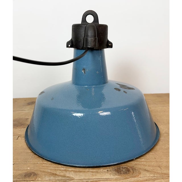 Industrial Blue Enamel Factory Lamp with Cast Iron Top, 1960s For Sale - Image 14 of 18