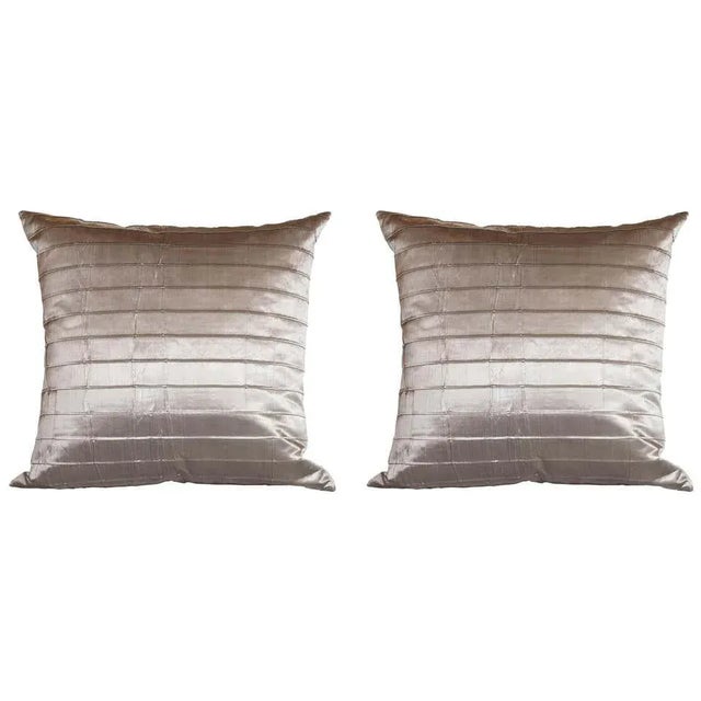 Silver Modernist Striated Antique Silver Silk Pillows - a Pair For Sale - Image 8 of 8
