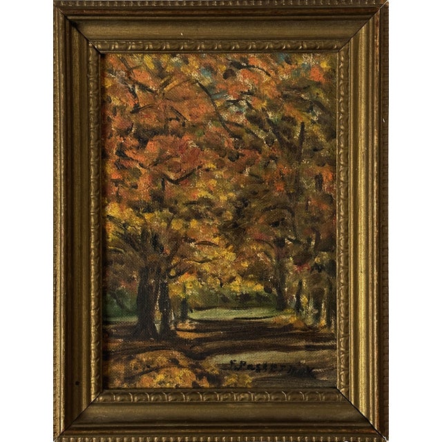 Two small autumn landscapes on canvas board by Florence Pasternek. Housed in painted wood frames. Signed in the lower left...