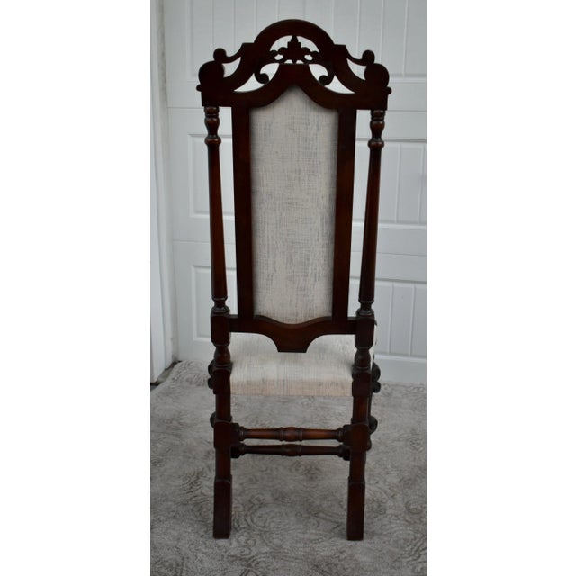 Walnut Accent Chair Carved High Back Jacobean Style William & Mary Stretcher 80s For Sale - Image 10 of 12